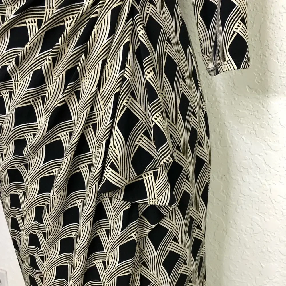 WHBM cream black art deco geometric faux wrap midi dress size 6